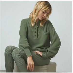 Lunya Moss Green Silk Blend Waffle Henley Sweater Size XS/S